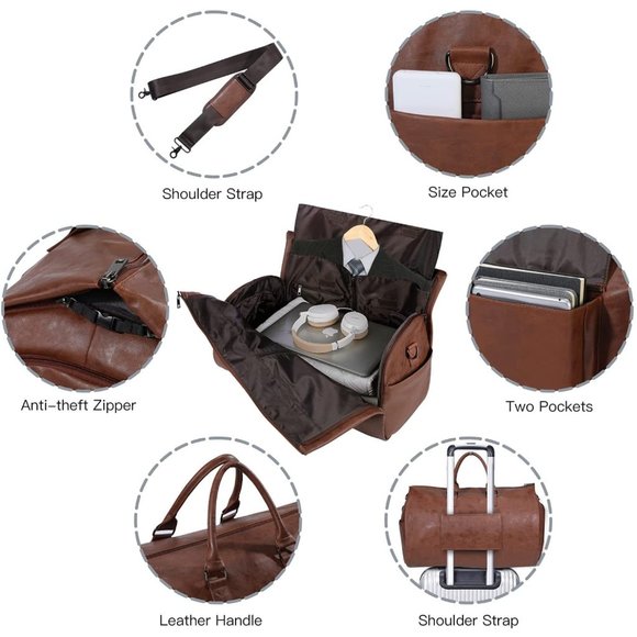 Carry On Garment Bag for Travel - Large Leather Duffel Bag with Shoe Compartment - Picture 3 of 6